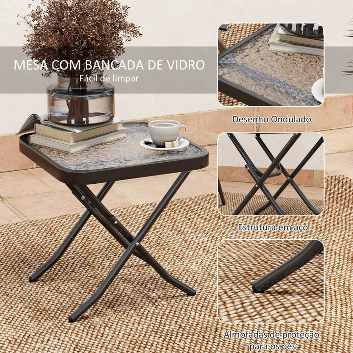 Conjunto de Mesa e Cadeiras de 3 Peças Móveis de Jardim Dobráveis com Encosto Ajustável Bancada de Vidro e Estrutura de Aço Preto