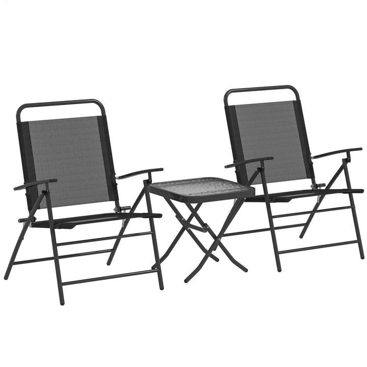 Conjunto de Mesa e Cadeiras de 3 Peças Móveis de Jardim Dobráveis com Encosto Ajustável Bancada de Vidro e Estrutura de Aço Preto