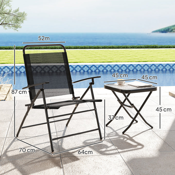 Conjunto de Mesa e Cadeiras de 3 Peças Móveis de Jardim Dobráveis com Encosto Ajustável Bancada de Vidro e Estrutura de Aço Preto