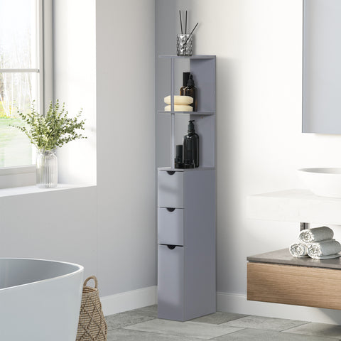Coluna Casa de Banho Moderna Armário Compacto Casa de Banho Móvel Auxiliar Casa de Banho com 2 Prateleiras 2 Gavetas Anti-Tombo 15x33x136,5 cm Cinza