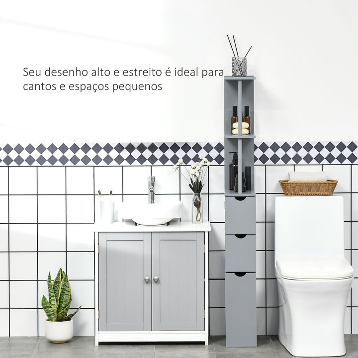 Coluna Casa de Banho Moderna Armário Compacto Casa de Banho Móvel Auxiliar Casa de Banho com 2 Prateleiras 2 Gavetas Anti-Tombo 15x33x136,5 cm Cinza