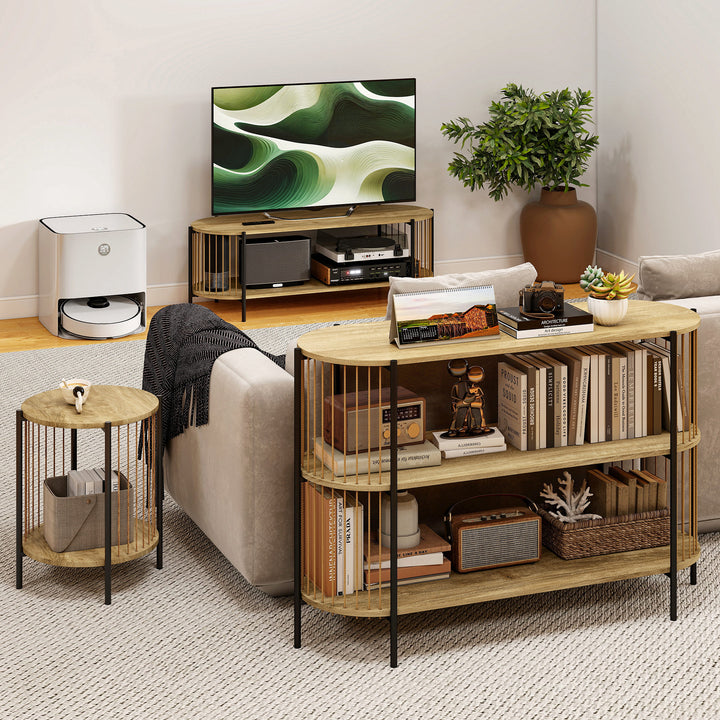 Móvel de TV Estilo Boémio Móvel de TV até 55 Polegadas com Detalhes em Corda de Papel e 2 Prateleiras Abertas para Sala de Estar Quarto 124x43,5x41 cm Madeira
