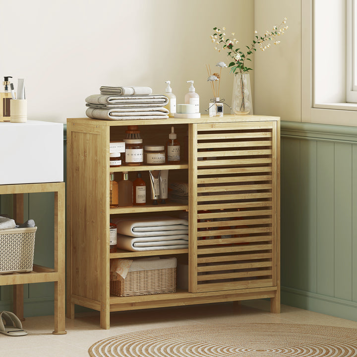 Armário de Casa de Banho em Bambu Móvel de Casa de Banho com 2 Portas de Correr Desenho com Ripas 4 Prateleiras Móvel Auxiliar de Arrumação para Cozinha Sala de Estar 80x34x80 cm Madeira