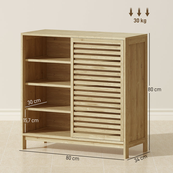 Armário de Casa de Banho em Bambu Móvel de Casa de Banho com 2 Portas de Correr Desenho com Ripas 4 Prateleiras Móvel Auxiliar de Arrumação para Cozinha Sala de Estar 80x34x80 cm Madeira
