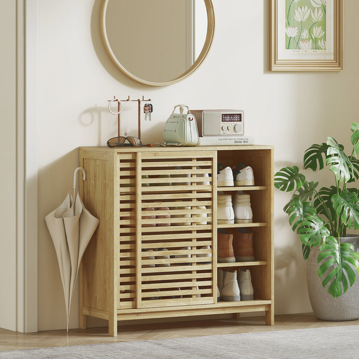 Armário de Casa de Banho em Bambu Móvel de Casa de Banho com 2 Portas de Correr Desenho com Ripas 4 Prateleiras Móvel Auxiliar de Arrumação para Cozinha Sala de Estar 80x34x80 cm Madeira