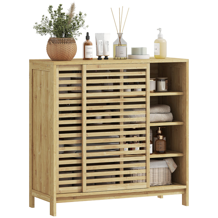 Armário de Casa de Banho em Bambu Móvel de Casa de Banho com 2 Portas de Correr Desenho com Ripas 4 Prateleiras Móvel Auxiliar de Arrumação para Cozinha Sala de Estar 80x34x80 cm Madeira