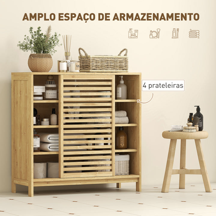 Armário de Casa de Banho em Bambu Móvel de Casa de Banho com 2 Portas de Correr Desenho com Ripas 4 Prateleiras Móvel Auxiliar de Arrumação para Cozinha Sala de Estar 80x34x80 cm Madeira