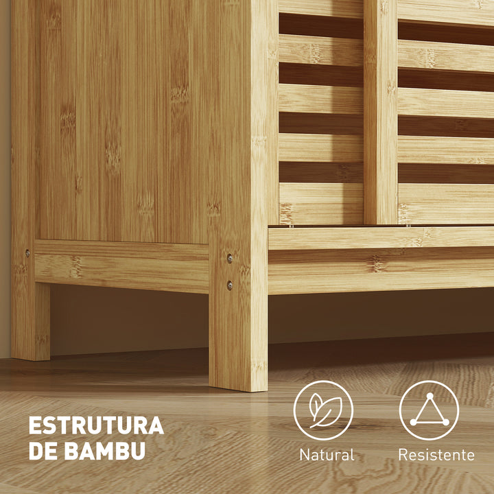 Armário de Casa de Banho em Bambu Móvel de Casa de Banho com 2 Portas de Correr Desenho com Ripas 4 Prateleiras Móvel Auxiliar de Arrumação para Cozinha Sala de Estar 80x34x80 cm Madeira