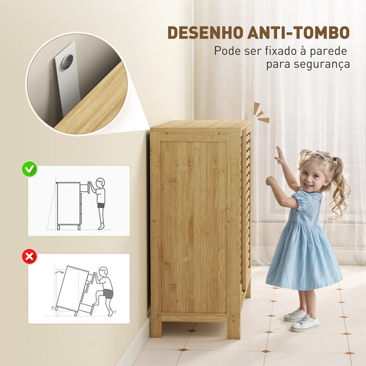 Armário de Casa de Banho em Bambu Móvel de Casa de Banho com 2 Portas de Correr Desenho com Ripas 4 Prateleiras Móvel Auxiliar de Arrumação para Cozinha Sala de Estar 80x34x80 cm Madeira