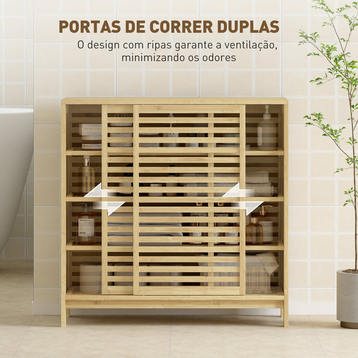 Armário de Casa de Banho em Bambu Móvel de Casa de Banho com 2 Portas de Correr Desenho com Ripas 4 Prateleiras Móvel Auxiliar de Arrumação para Cozinha Sala de Estar 80x34x80 cm Madeira