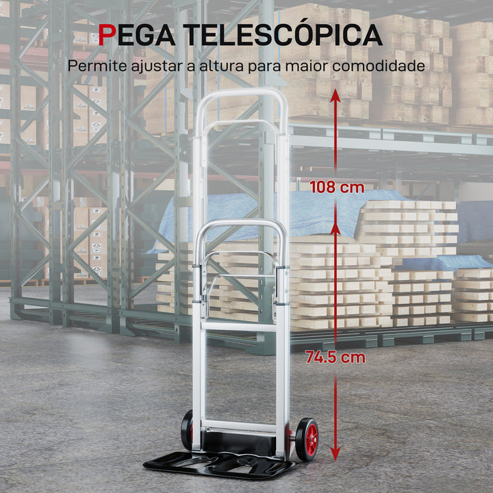 Carro de Transporte Dobrável de Alumínio com Cabo Telescópico Ajustável Carga 90 kg para Garagem, Escritório Bagagem Viagens Mudanças e Compras 40x41x108 cm Prateado e Preto
