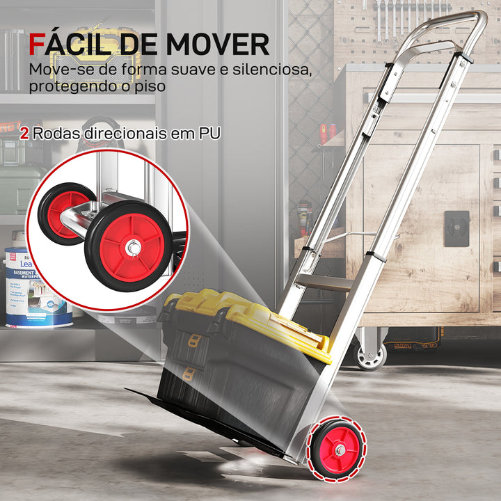 Carro de Transporte Dobrável de Alumínio com Cabo Telescópico Ajustável Carga 90 kg para Garagem, Escritório Bagagem Viagens Mudanças e Compras 40x41x108 cm Prateado e Preto