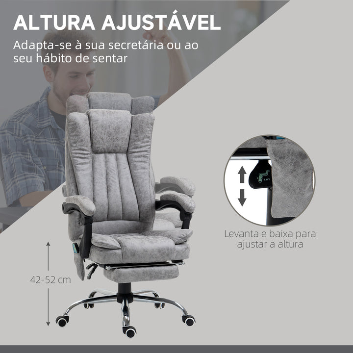 Cadeira de Escritório com 6 Pontos de Massagem Giratória com Encosto Reclinável 135º Função de Aquecimento Apoio para os Pés Retrátil Altura Ajustável e Controlo Remoto 62x67x113-120 cm Cinza