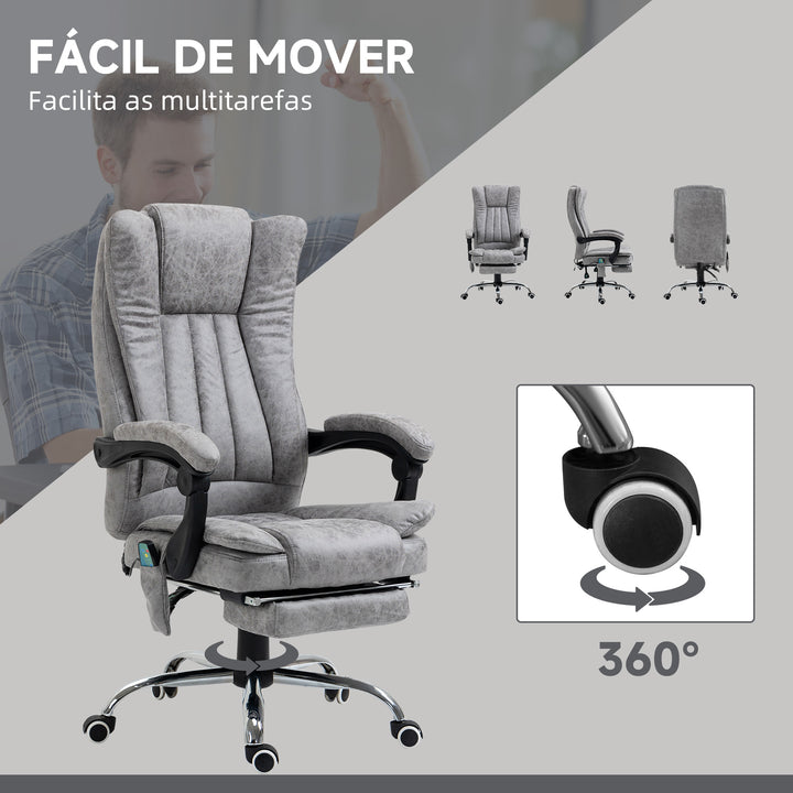 Cadeira de Escritório com 6 Pontos de Massagem Giratória com Encosto Reclinável 135º Função de Aquecimento Apoio para os Pés Retrátil Altura Ajustável e Controlo Remoto 62x67x113-120 cm Cinza