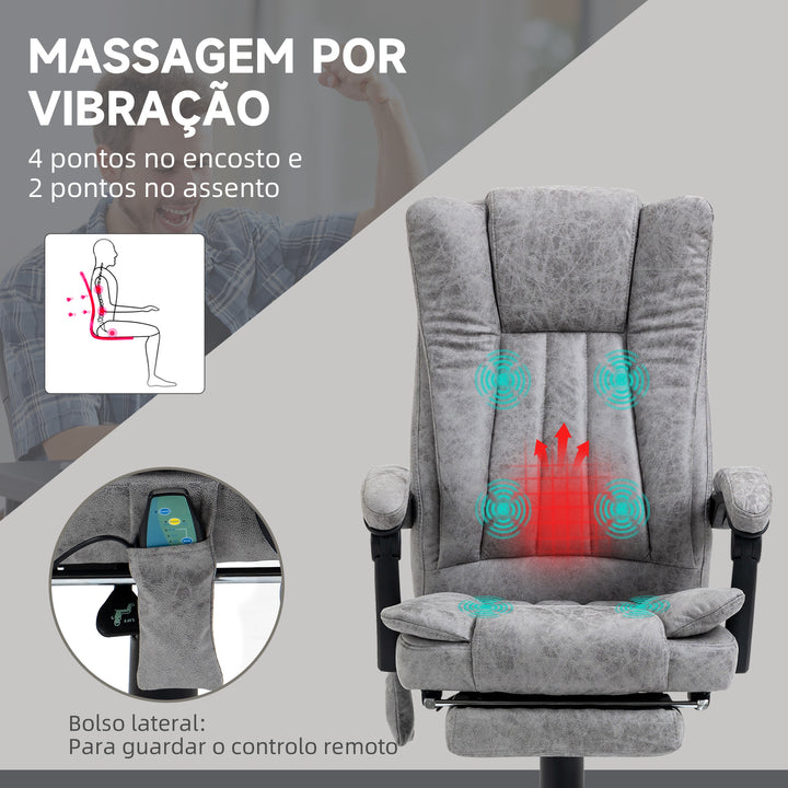 Cadeira de Escritório com 6 Pontos de Massagem Giratória com Encosto Reclinável 135º Função de Aquecimento Apoio para os Pés Retrátil Altura Ajustável e Controlo Remoto 62x67x113-120 cm Cinza