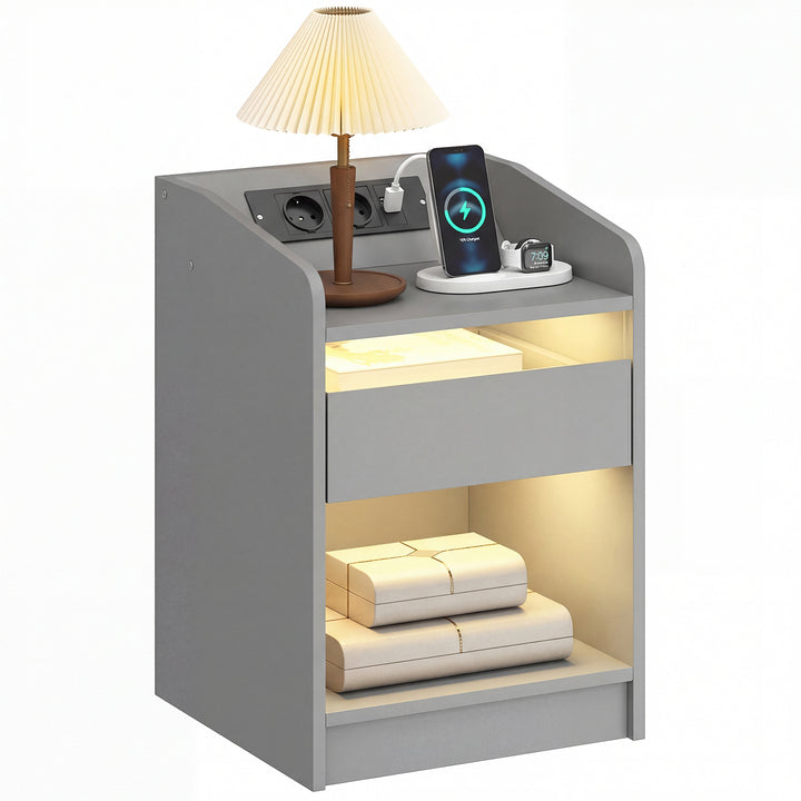 Mesa de Cabeceira com Luzes LED Mesa de Cabeceira com Gaveta Prateleira Estação de Carregamento Entrada USB e Controlo Remoto 40x40x58 cm Cinzento