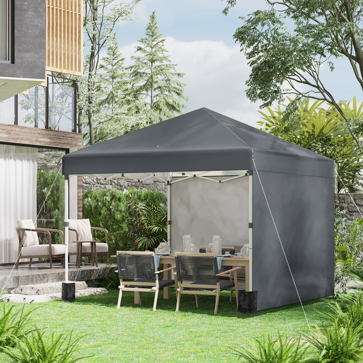 Tenda Dobrável Pop-up 297x297x288 cm Tenda para Eventos com 2 Paredes Laterais Anti-UV Altura Ajustável em 3 Níveis Sacos de Areia e Bolsa de Transporte com Rodas para Campismo Festas Cinzento Escuro