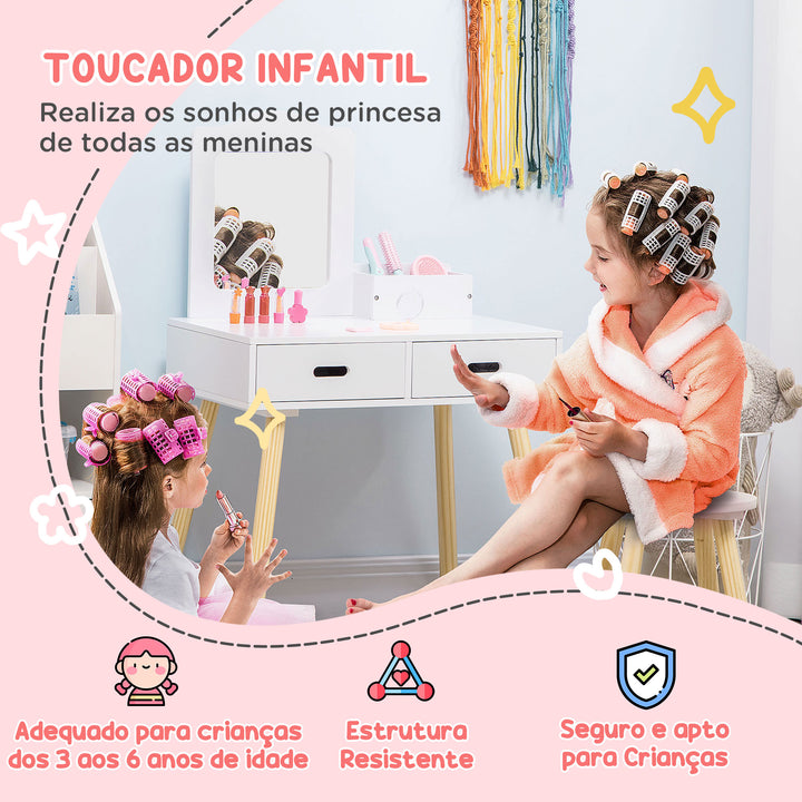 Toucador Infantil Toucador de Madeira Infantil com Banco Espelho e 2 Gavetas Brinquedo Educativo para Crianças de 3-6 Anos 60x40x95cm Branco