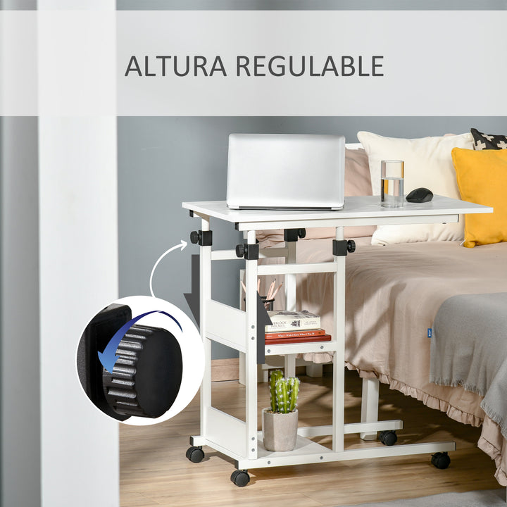 Mesa Lateral para Sofá Mesa lateral em Forma de C com 4 rodas Giratórias Freios Altura Ajustável 3 níveis Estrutura Metálica 80x40x72-82cm Branco