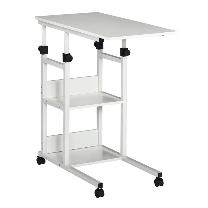 Mesa Lateral para Sofá Mesa lateral em Forma de C com 4 rodas Giratórias Freios Altura Ajustável 3 níveis Estrutura Metálica 80x40x72-82cm Branco
