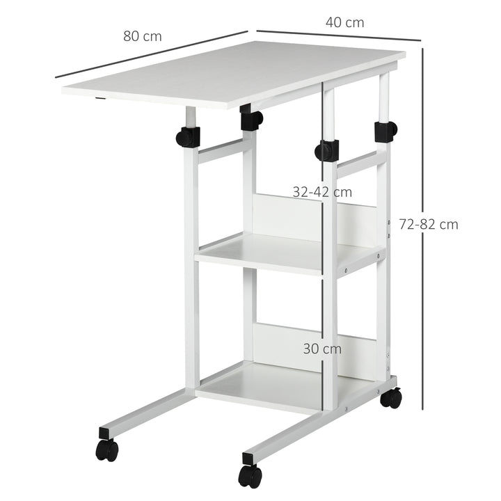 Mesa Lateral para Sofá Mesa lateral em Forma de C com 4 rodas Giratórias Freios Altura Ajustável 3 níveis Estrutura Metálica 80x40x72-82cm Branco