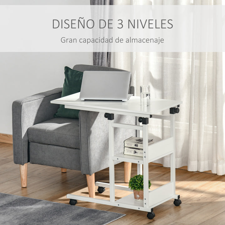 Mesa Lateral para Sofá Mesa lateral em Forma de C com 4 rodas Giratórias Freios Altura Ajustável 3 níveis Estrutura Metálica 80x40x72-82cm Branco