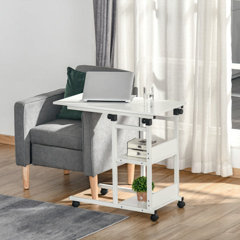 Mesa Lateral para Sofá Mesa lateral em Forma de C com 4 rodas Giratórias Freios Altura Ajustável 3 níveis Estrutura Metálica 80x40x72-82cm Branco