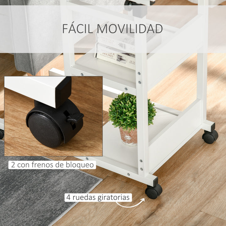 Mesa Lateral para Sofá Mesa lateral em Forma de C com 4 rodas Giratórias Freios Altura Ajustável 3 níveis Estrutura Metálica 80x40x72-82cm Branco