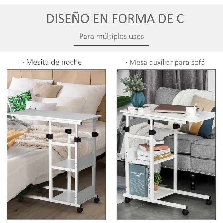 Mesa Lateral para Sofá Mesa lateral em Forma de C com 4 rodas Giratórias Freios Altura Ajustável 3 níveis Estrutura Metálica 80x40x72-82cm Branco