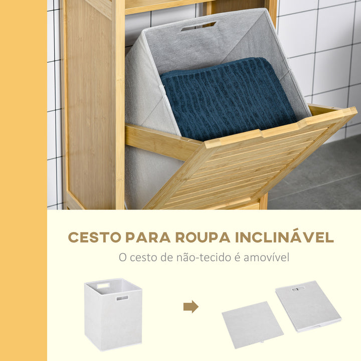 Cesto para Roupa de Bambú Armário para Casa de Banho com 2 Prateleiras 1 Cesta de Tecido Removível Móvel de Armazenamento para Sala de Estar Cozinha 40x30x86,5 Natural