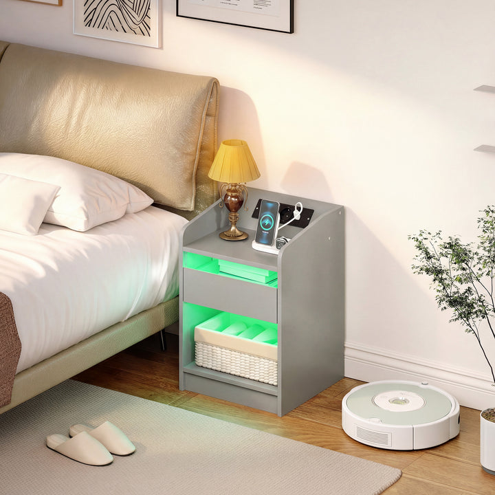Mesa de Cabeceira com Luzes LED Mesa de Cabeceira com Gaveta Prateleira Estação de Carregamento Entrada USB e Controlo Remoto 40x40x58 cm Cinzento