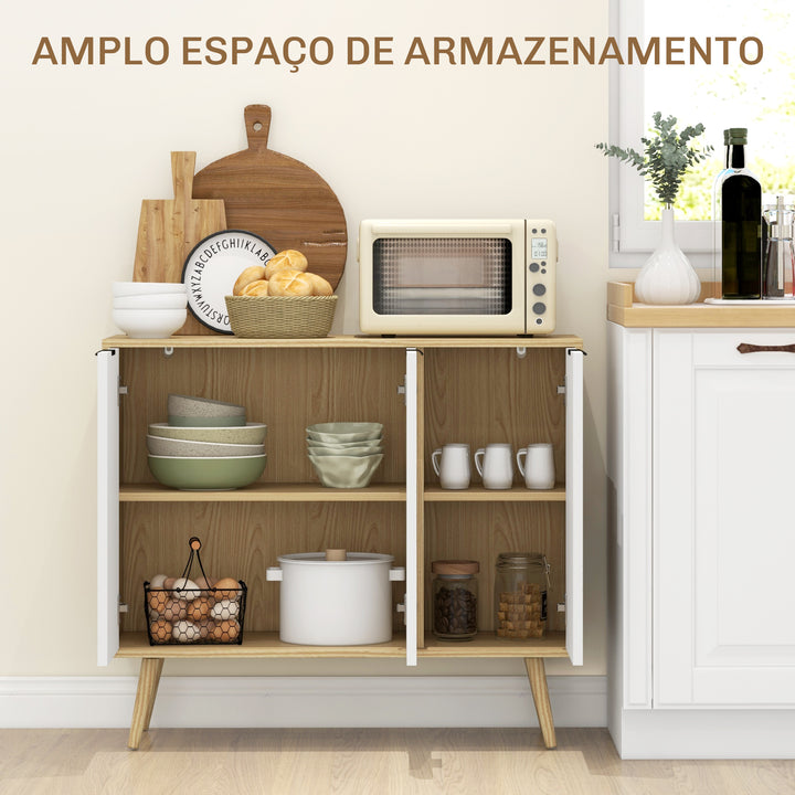 Aparador de Cozinha Moderno Móvel Buffet Auxiliar com Prateleiras Ajustáveis 2 Armários e Anti-Tombo Carga Máx. 50 kg para Sala de Estar 191,5x35x77,4 cm Branco e Madeira
