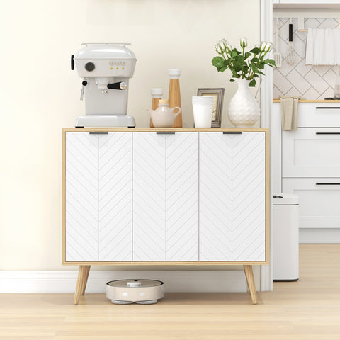 Aparador de Cozinha Moderno Móvel Buffet Auxiliar com Prateleiras Ajustáveis 2 Armários e Anti-Tombo Carga Máx. 50 kg para Sala de Estar 191,5x35x77,4 cm Branco e Madeira