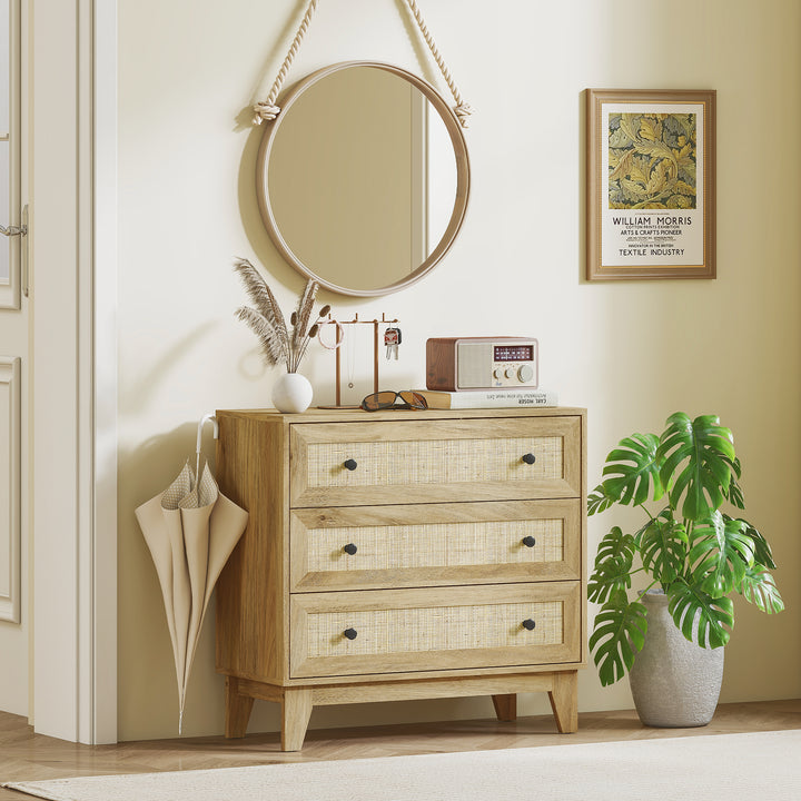 Cómoda com 3 Gavetas Cómoda de Madeira com Gavetas de Vime e Pés Elevados para Sala de Estar Dormitório Escritório 80x35x76 cm Madeira