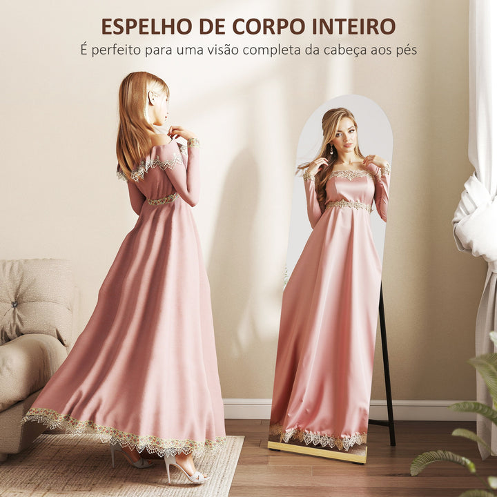 Espelho de Pé Curvado 160x50 cm Espelho de Corpo Inteiro sem Moldura Base de Madeira para Sala Quarto Corredor Entrada Prata e Preto