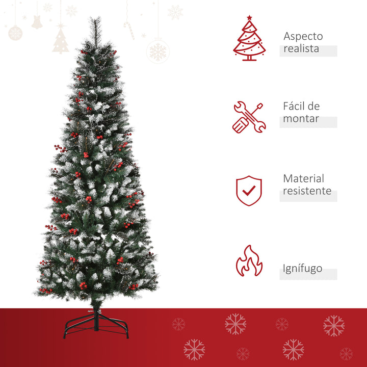 Árvore de Natal Artificial 180cm Ignífugo com 539 Ramos 51 Bagas Folhas de PVC Base Dobrável e Suporte Metálico Decoração de Natal para Interiores Verde