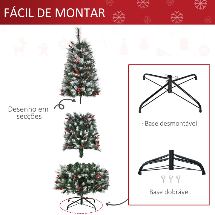 Árvore de Natal Artificial 180cm Ignífugo com 539 Ramos 51 Bagas Folhas de PVC Base Dobrável e Suporte Metálico Decoração de Natal para Interiores Verde