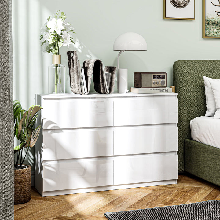 Cómoda com 6 Gavetas de Madeira Cómoda de Dormitório Cómoda Branca para Sala de Estar Estilo Moderno 112x34x75 cm Branco Brilhante