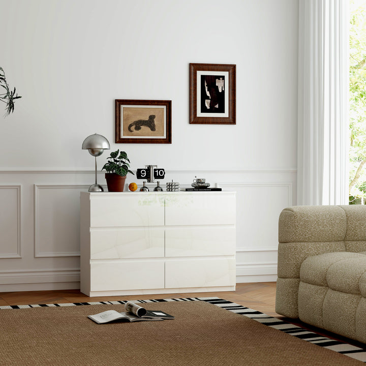 Cómoda com 6 Gavetas de Madeira Cómoda de Dormitório Cómoda Branca para Sala de Estar Estilo Moderno 112x34x75 cm Branco Brilhante