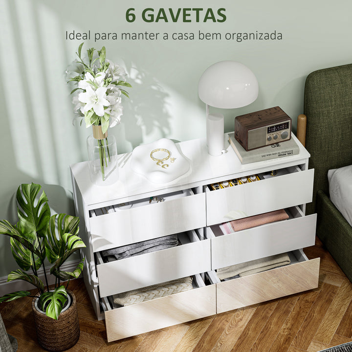 Cómoda com 6 Gavetas de Madeira Cómoda de Dormitório Cómoda Branca para Sala de Estar Estilo Moderno 112x34x75 cm Branco Brilhante
