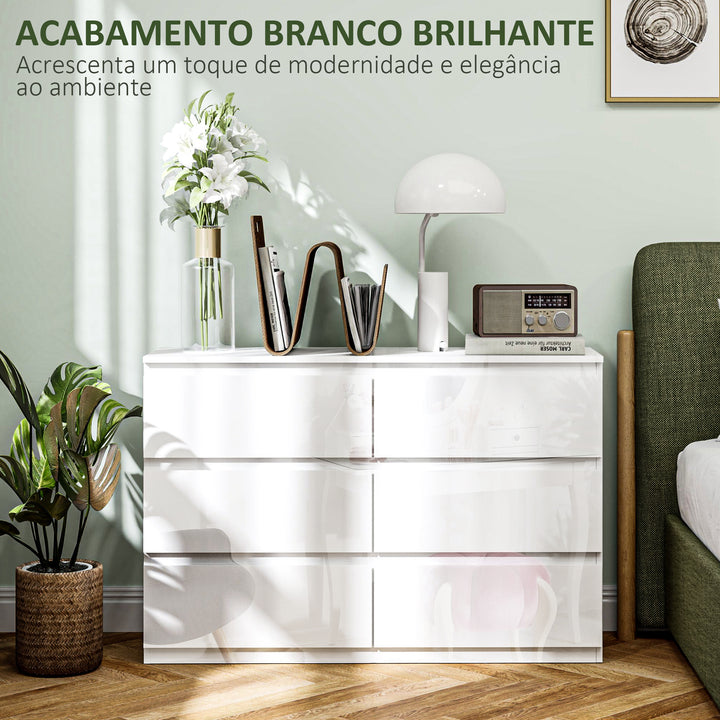 Cómoda com 6 Gavetas de Madeira Cómoda de Dormitório Cómoda Branca para Sala de Estar Estilo Moderno 112x34x75 cm Branco Brilhante