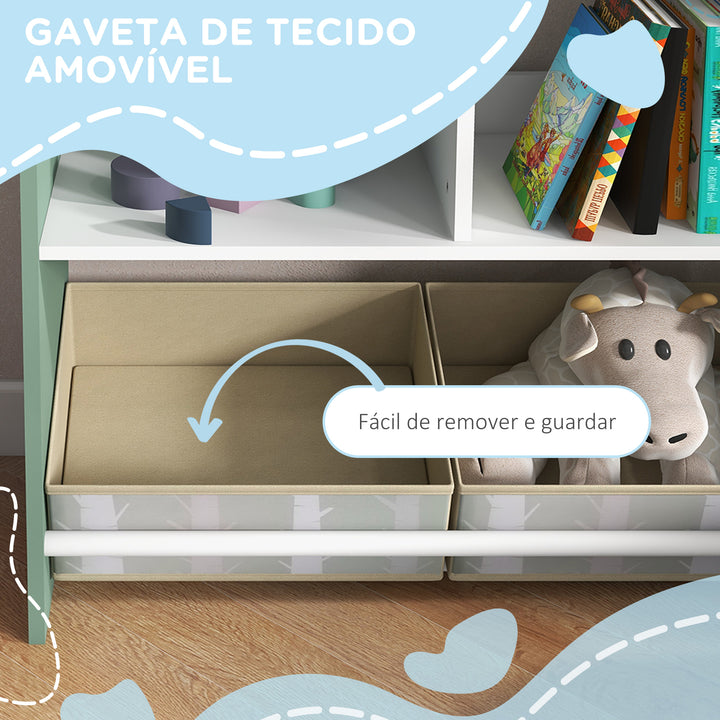 Estante para Brinquedos Organizador Infantil com Prateleiras Abertas e 2 Caixas de Tecido não Tecido Amovíveis para Sala de Jogos Dormitório Escola Infantil 62,4x26,5x90 cm Verde