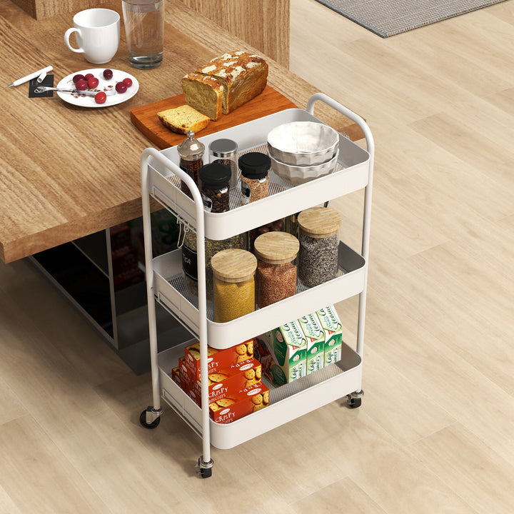 Carrinho Auxiliar de 3 Níveis com Rodas Carrinho de Armazenamento Deslizante com 3 Prateleiras 4 Rodas e 2 Travões para Cozinha Sala 45x30,6x79 cm Branco