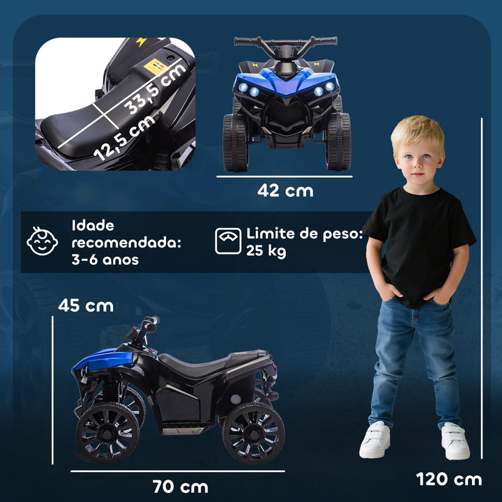 Quadriciclo Elétrico para Crianças 6 V Quadriciclo para Crianças de 3-8 Anos com Velocidade até 3?km/h Faróis e Música 70x42x45 cm Azul