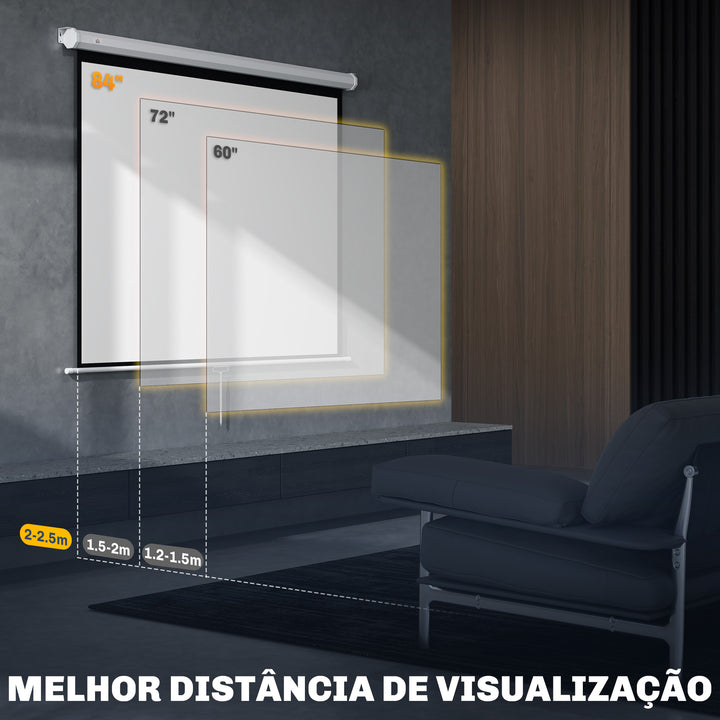 Tela de Projeção de 84 Polegadas Tela de Projetor Manual Formato 4:3 4K Ecrã de Projeção Montagem na Parede ou Teto para Cinema em Casa Escritório Interior e Exterior 181x8x138 cm Branco