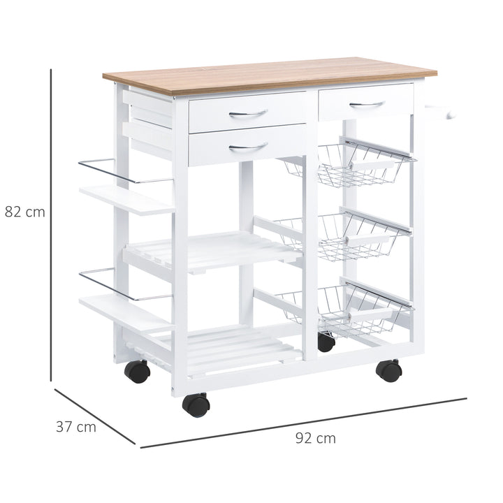 Carrinho de cozinha Carrinho de serviço multifuncional com gavetas Cestas Prateleiras de especiarias Toalheiro Rodas 92x37x82 cm Branco