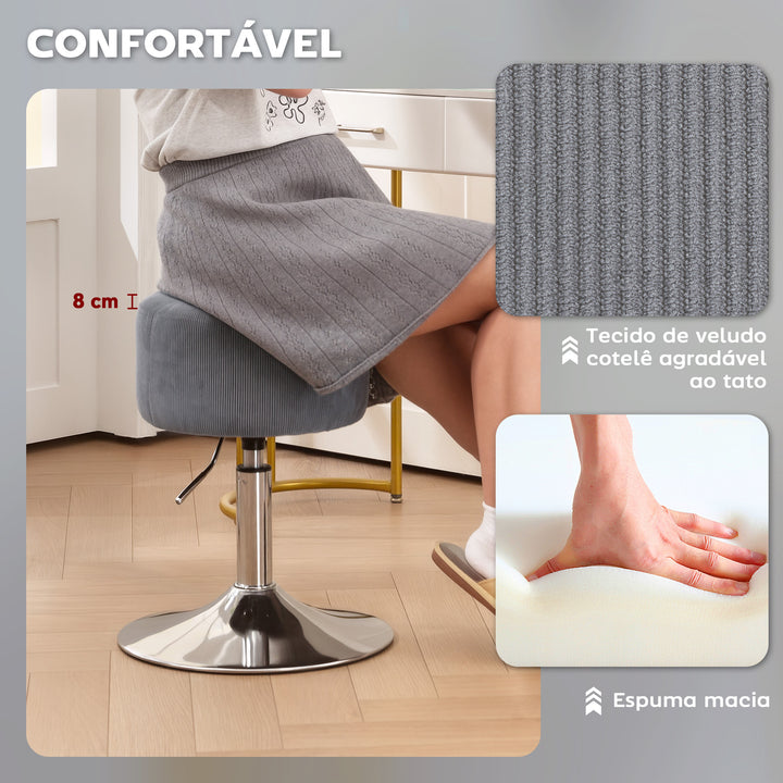 Banco de Bar Giratório Banco Alta de Cozinha Ajustável em Altura 52-66 cm Estofado em Veludo Giratória a 360° para Sala de Jantar Tocador Balcão Cinzento