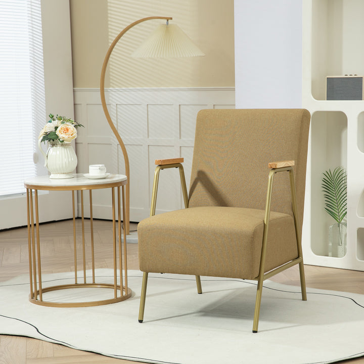 Poltrona de Sala Poltrona Individual com Apoios de Braços Estrutura em Aço Dourado Estilo Moderno para Sala de Estar Quarto 62x81x92 cm Castanho