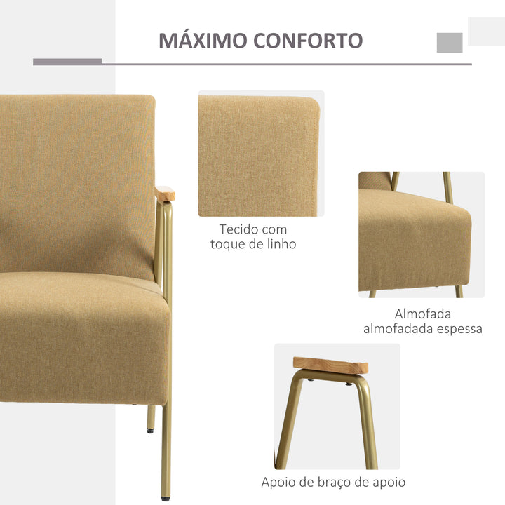 Poltrona de Sala Poltrona Individual com Apoios de Braços Estrutura em Aço Dourado Estilo Moderno para Sala de Estar Quarto 62x81x92 cm Castanho