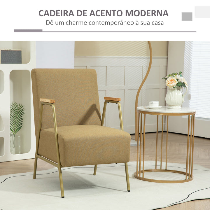 Poltrona de Sala Poltrona Individual com Apoios de Braços Estrutura em Aço Dourado Estilo Moderno para Sala de Estar Quarto 62x81x92 cm Castanho